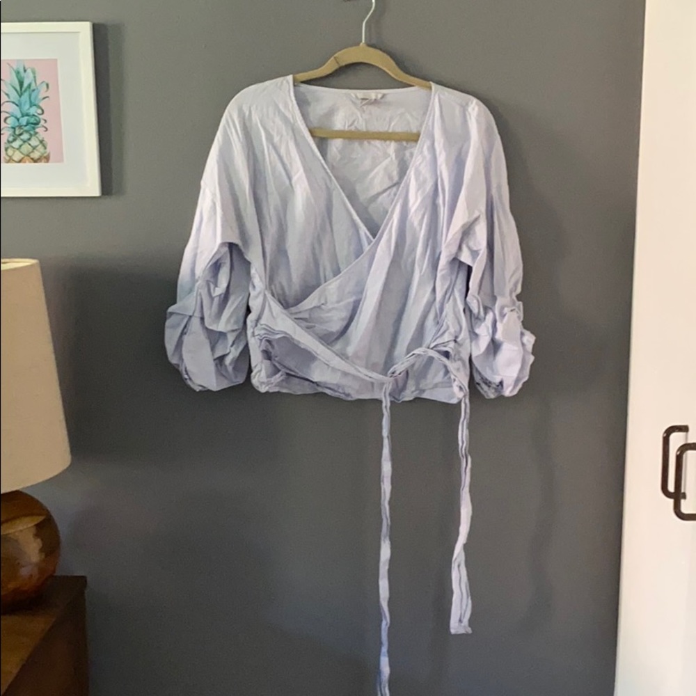 Blue striped wrap blouse
